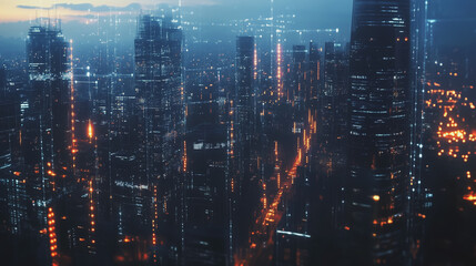 Obraz premium Smart digital Innovation city with connection network reciprocity over the twilight cityscape. of future smart wireless digital city and social media networking systems that connects people with city 