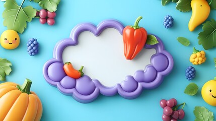 Colorful Cartoon Vegetables and Fruits on a Bright Blue Background
