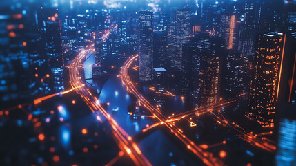 Smart digital Innovation city with connection network reciprocity over the twilight cityscape. of future smart wireless digital city and social media networking systems that connects people with city
