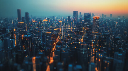 Obraz premium Smart digital Innovation city with connection network reciprocity over the twilight cityscape. of future smart wireless digital city and social media networking systems that connects people with city 