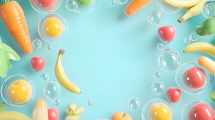 Colorful Fruits and Vegetables Surrounded by Bubbles on Blue Background