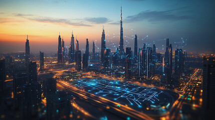 Naklejka premium Smart digital Innovation city with connection network reciprocity over the twilight cityscape. of future smart wireless digital city and social media networking systems that connects people with city 