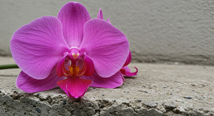 A grey concrete surface featuring pink orchid flowers.