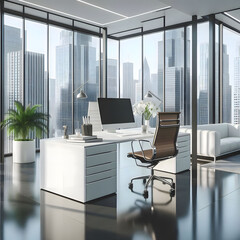 A modern Minimalist office interior design with an ergonomic chair