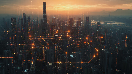 Fototapeta premium Smart digital Innovation city with connection network reciprocity over the twilight cityscape. of future smart wireless digital city and social media networking systems that connects people with city 