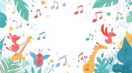 Playful Illustrative Scene with Colorful Animals and Music Notes