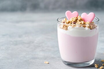 Layered yogurt parfait in a clear glass showcases pink yogurt, crunchy granola, and heart-shaped fruit slices. The minimalist table enhances the fresh and artistic presentation