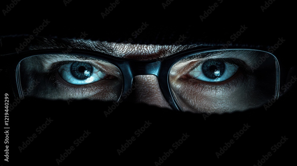 Poster vision, hacking and technology concept - close up of hacker eyes in glasses looking at computer scre