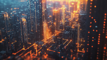 Fototapeta premium Smart digital Innovation city with connection network reciprocity over the twilight cityscape. of future smart wireless digital city and social media networking systems that connects people with city 