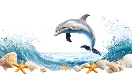 Dolphin Leaping Above Ocean Waves Surrounded by Seashells
