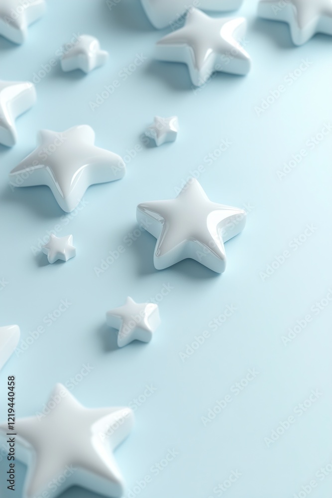 Poster repeated star shapes in various sizes are subtly raised from a pastel blue surface, casting soft sha