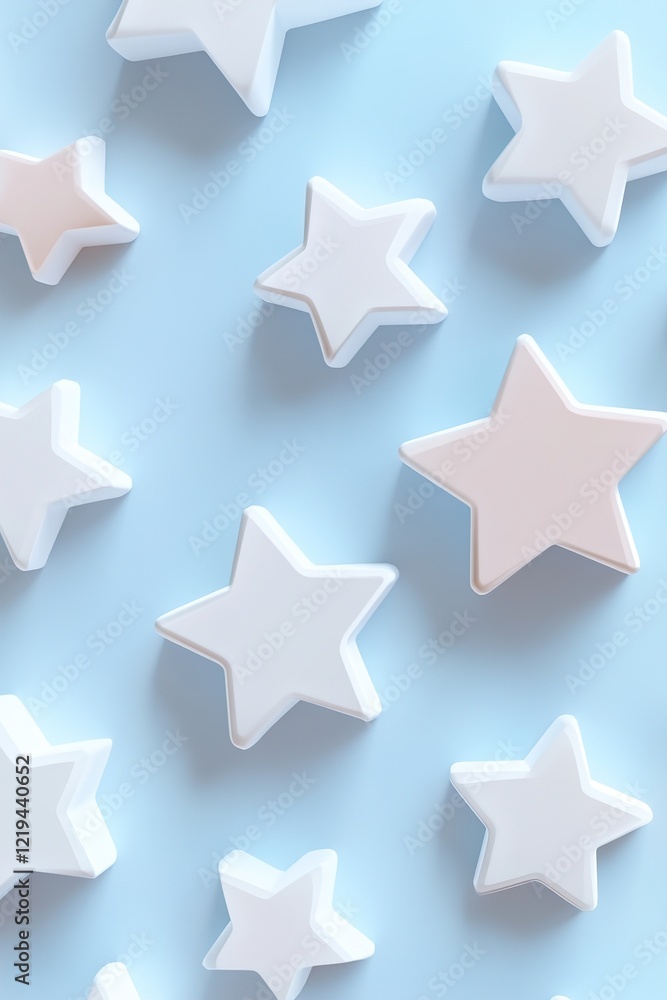 Poster subtly raised star shapes in various sizes create a minimalist composition on a pastel blue surface.