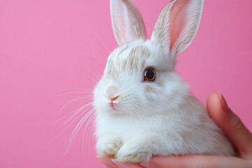 Obraz premium Adorable White Baby Rabbit Held Gently in Hands