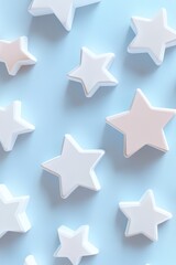 Obraz premium Subtly raised star shapes in various sizes create a minimalist composition on a pastel blue surface. Soft shadows enhance the depth, offering ample space for text overlay, ideal for modern designs