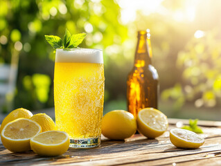 A sunlit shandy glass with lemons and a beer bottle on a rustic table for a summer setting.