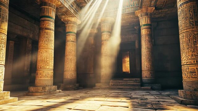 Ancient temple interior with intricate columns and sunlight streaming through openings