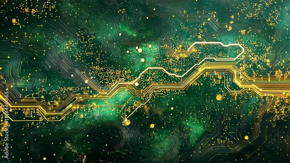 Poster dive into a mesmerizing tableau of golden circuitry gliding through deep green cosmic clouds. this v