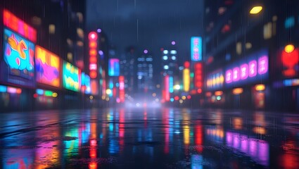 Fototapeta premium Blurred lights in a city street with soft reflections on wet pavement 