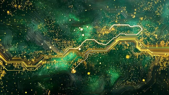 Dive into a mesmerizing tableau of golden circuitry gliding through deep green cosmic clouds. This visual odyssey marries digital artistry and cosmic wonders in a spectacular fusion. 