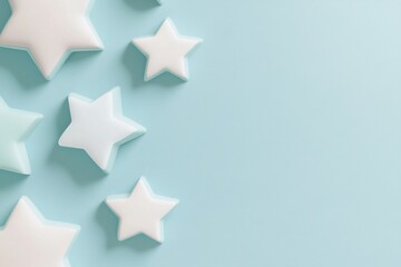 Obraz premium Enjoy a fresh minimalist design featuring softly raised star shapes in various sizes against a pastel blue backdrop, perfect for creative projects needing text space