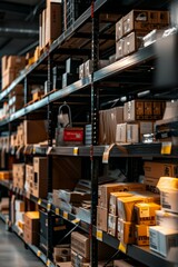 Fototapeta premium Retail warehouse, distribution center, full of shelves with goods and products in boxes and cartons, with pallets and forklifts. Background Logistics and transportation.