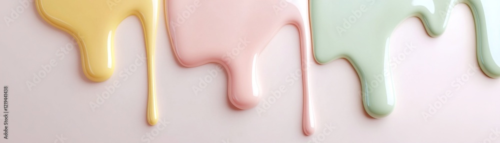 Poster glossy drips of pink, mint, and yellow ice cream flow down a smooth white surface, creating a modern