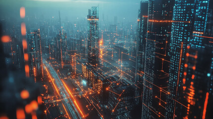 Obraz premium Smart digital Innovation city with connection network reciprocity over the twilight cityscape. of future smart wireless digital city and social media networking systems that connects people with city 