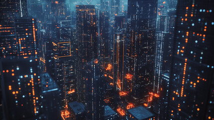 Obraz premium Smart digital Innovation city with connection network reciprocity over the twilight cityscape. of future smart wireless digital city and social media networking systems that connects people with city 