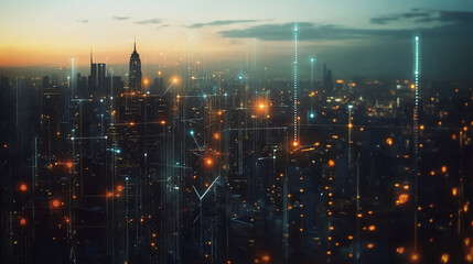 Fototapeta premium Smart digital Innovation city with connection network reciprocity over the twilight cityscape. of future smart wireless digital city and social media networking systems that connects people with city 