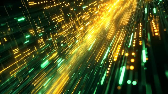 Step into a futuristic realm where vibrant green and golden lights weave through a complex digital grid. This captivating video blends art and technology in an electrifying spectacle. 