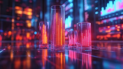 A series of translucent, vertical display panels stand on a sleek surface,