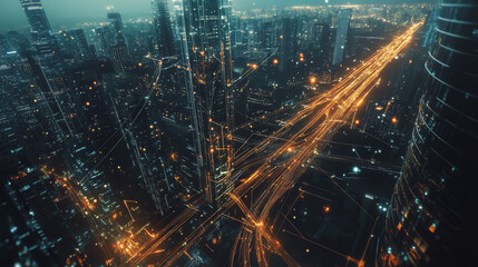 Obraz premium Smart digital Innovation city with connection network reciprocity over the twilight cityscape. of future smart wireless digital city and social media networking systems that connects people with city 