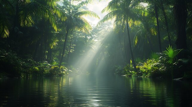 A serene depiction of a dense rainforest with sunlight filtering through towering trees