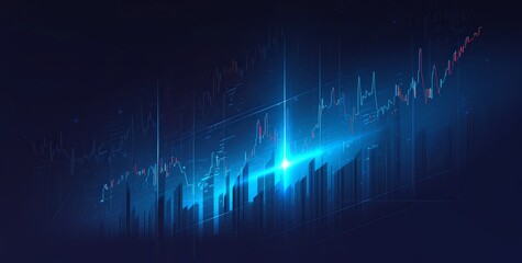 Blue Stock Market Background with Glowing Candlestick Chart and Line Graph, Financial Business Concept for Online Crash Course, Abstract Trading Graph and Growth Arrow on Dark Blue Background