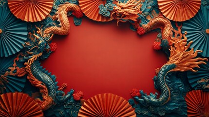 Fototapeta premium Vibrant Red Background Featuring a Majestic Gold Dragon Surrounded by Traditional Paper Fans Creating a Dynamic and Cultural Atmosphere Evoking Power and Elegance in Artistry