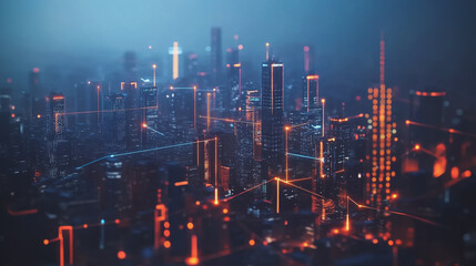 Obraz premium Smart digital Innovation city with connection network reciprocity over the twilight cityscape. of future smart wireless digital city and social media networking systems that connects people with city 