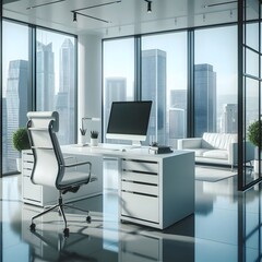 A modern Minimalist city view office interior design with an ergonomic chair