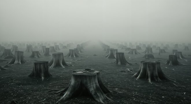 Misty forest of tree stumps revealing deforestation and environmental impact