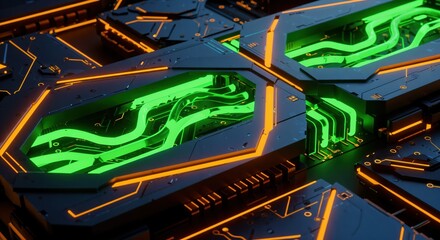 Futuristic cyber circuit board with neon green and orange lights