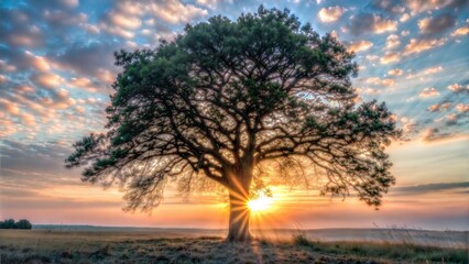 Silhouette of a Single Tree Against a Bright Sunrise Sky