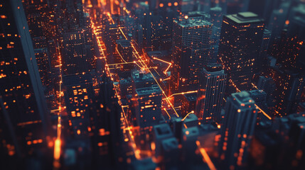Obraz premium Smart digital Innovation city with connection network reciprocity over the twilight cityscape. of future smart wireless digital city and social media networking systems that connects people with city 