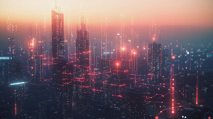 Fototapeta premium Smart digital Innovation city with connection network reciprocity over the twilight cityscape. of future smart wireless digital city and social media networking systems that connects people with city 