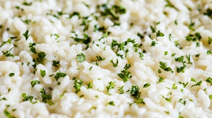 Cooked risotto rice in creamy white sauce with herbs, emphasizing rich texture and creamy appearance. Ideal for gourmet recipes and food presentations.