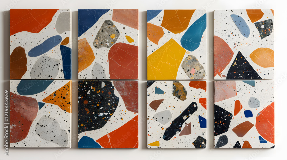 Aufkleber four terrazzo tiles in vibrant colors and unique patterns, generative ai