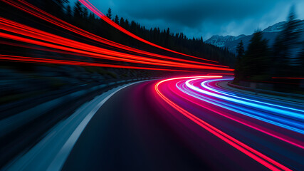 Wave motion speed red and blue lighting on road background,