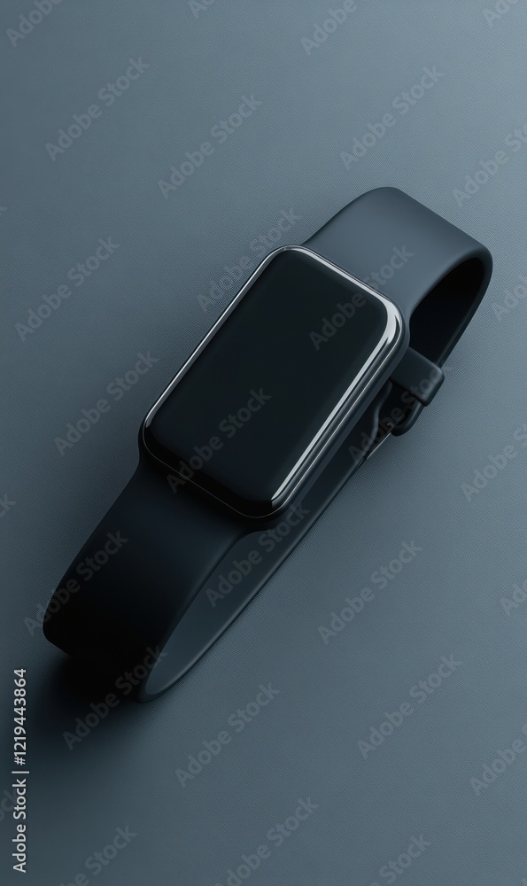 Poster modern sleek smartwatch with black strap displayed on a minimalist dark background showcasing techno