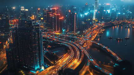 Smart digital Innovation city with connection network reciprocity over the twilight cityscape. of future smart wireless digital city and social media networking systems that connects people with city
