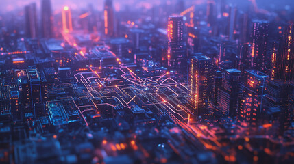 Obraz premium Smart digital Innovation city with connection network reciprocity over the twilight cityscape. of future smart wireless digital city and social media networking systems that connects people with city 