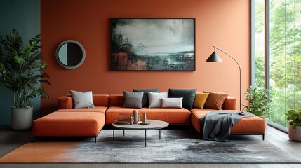 Cozy and Inviting Living Room Featuring a Large Orange Couch Surrounded by Warm Lighting and Stylish Decor Creating a Comfortable Atmosphere for Relaxation and Social Gatherings with Friends