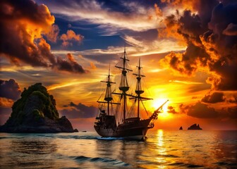Obraz premium Silhouette Pirate Ship Sailing Towards Sunset Island - Dramatic Ocean Scene